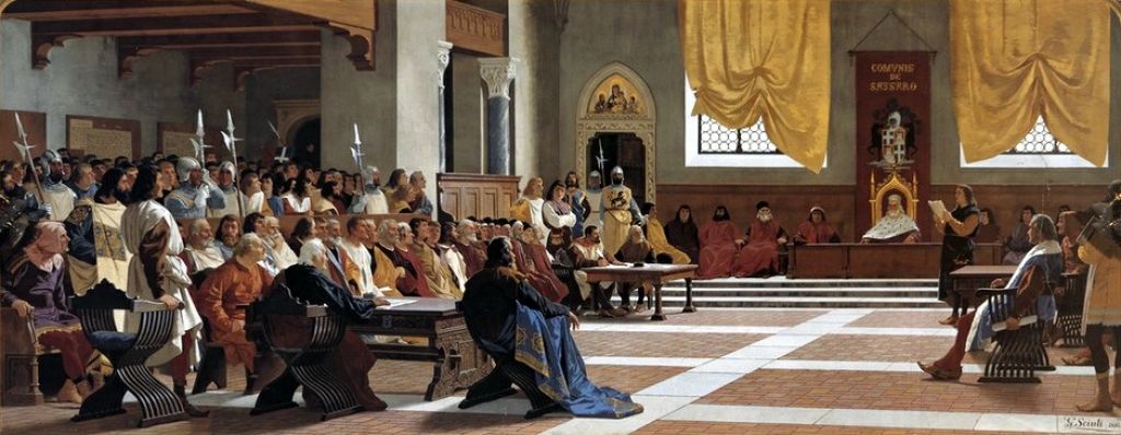 La stipula della convenzione con la quale nel 1294 Sassari si lega a Genova secondo la formula del Comune podestarile «pazionato» nell'affrespittore siciliano Giuseppe Sciuti (1880) (Palazzo della Provincia, Sassari)