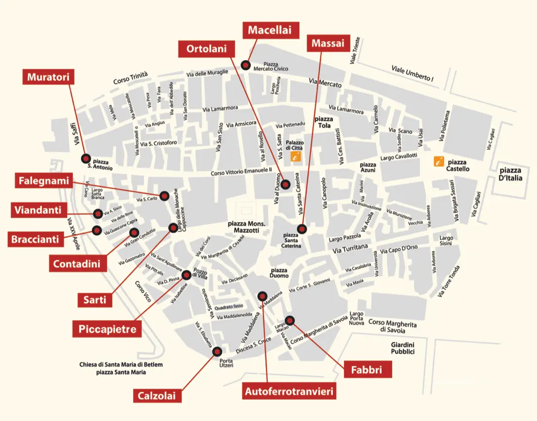 Mappa con i luoghi della vestizione dei Candelieri a Sassari